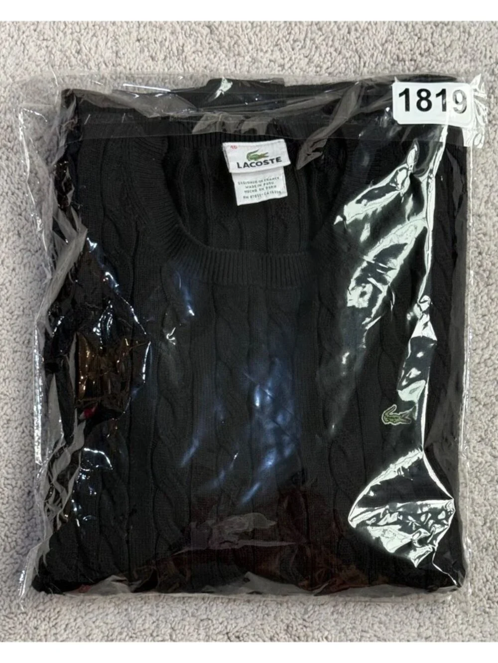 Lacoste Mens Black Cable Knit Crewneck Sweater Size 46 / US Large Cotton